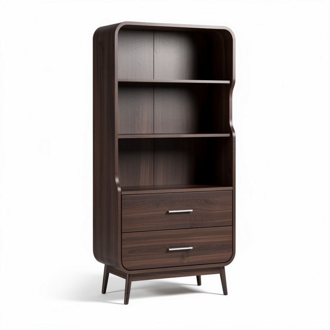 Houten boekenkast met twee lades en open planken 80 x 40 x 180cm donkerbruin