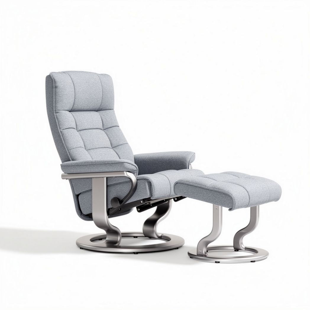 Relaxfauteuil met voetenbank van stof in lichtgrijs met metalen basis 80 x 70 x 100cm