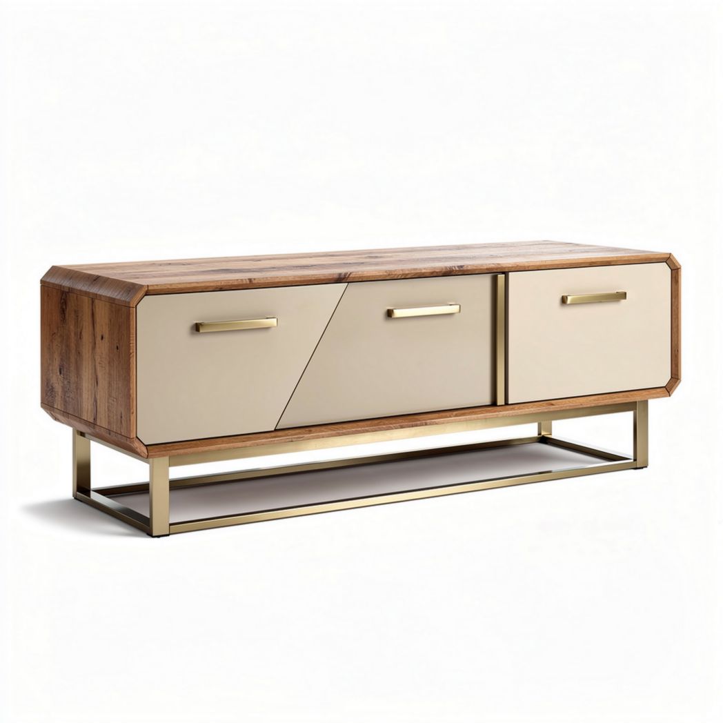 Houten tv-meubel met gouden metalen onderstel en twee lades 150 x 40 x 45cm